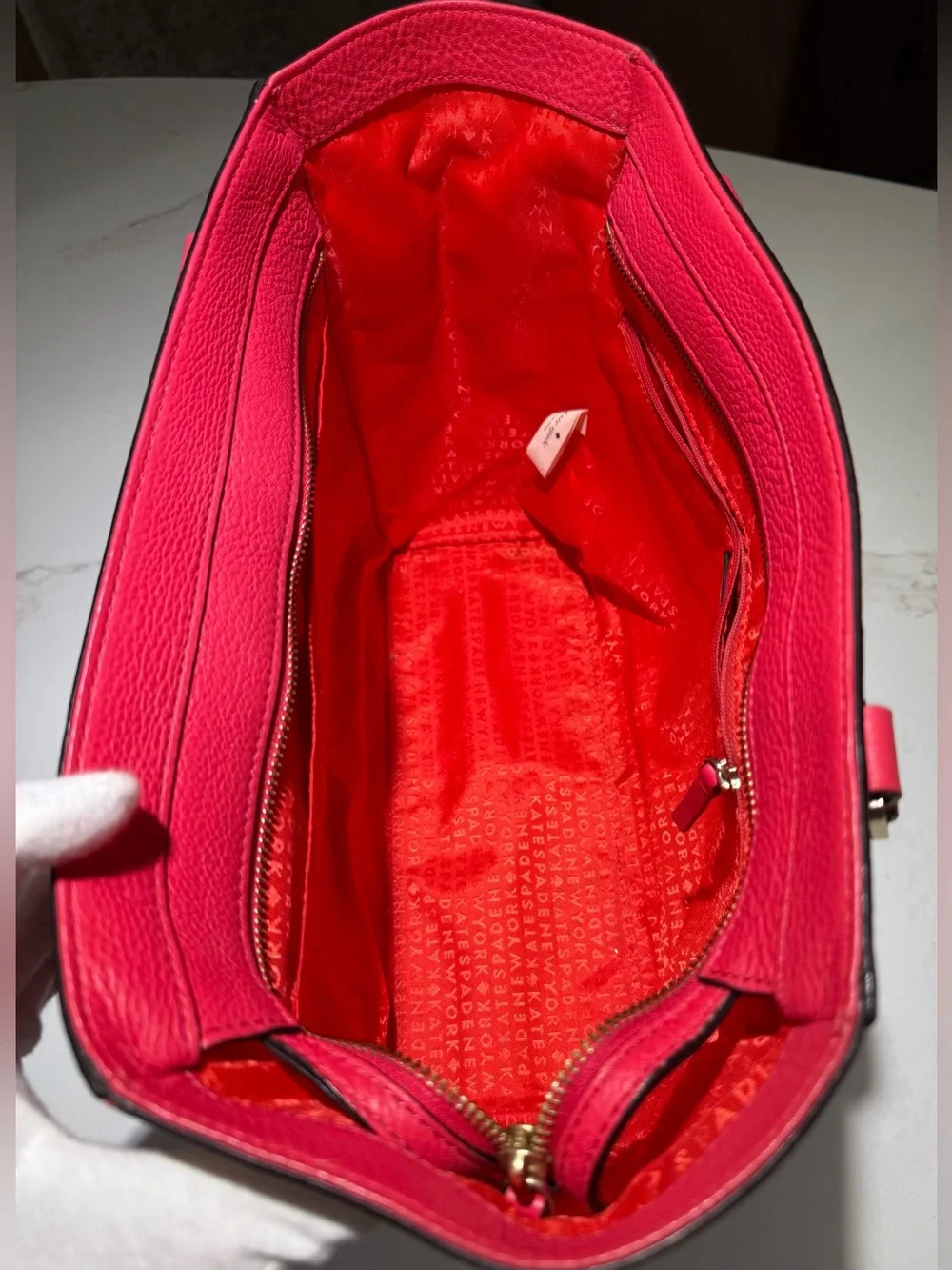 KATE SPADE Leather Envelope Zipper Top Shoulder Tote Bright Pink Beige